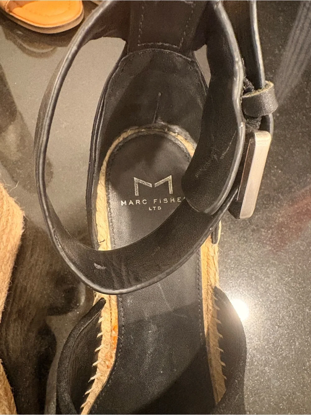 Black Espadrille Wedge Sandals with Ankle Strap size 6 Marc Fisher
